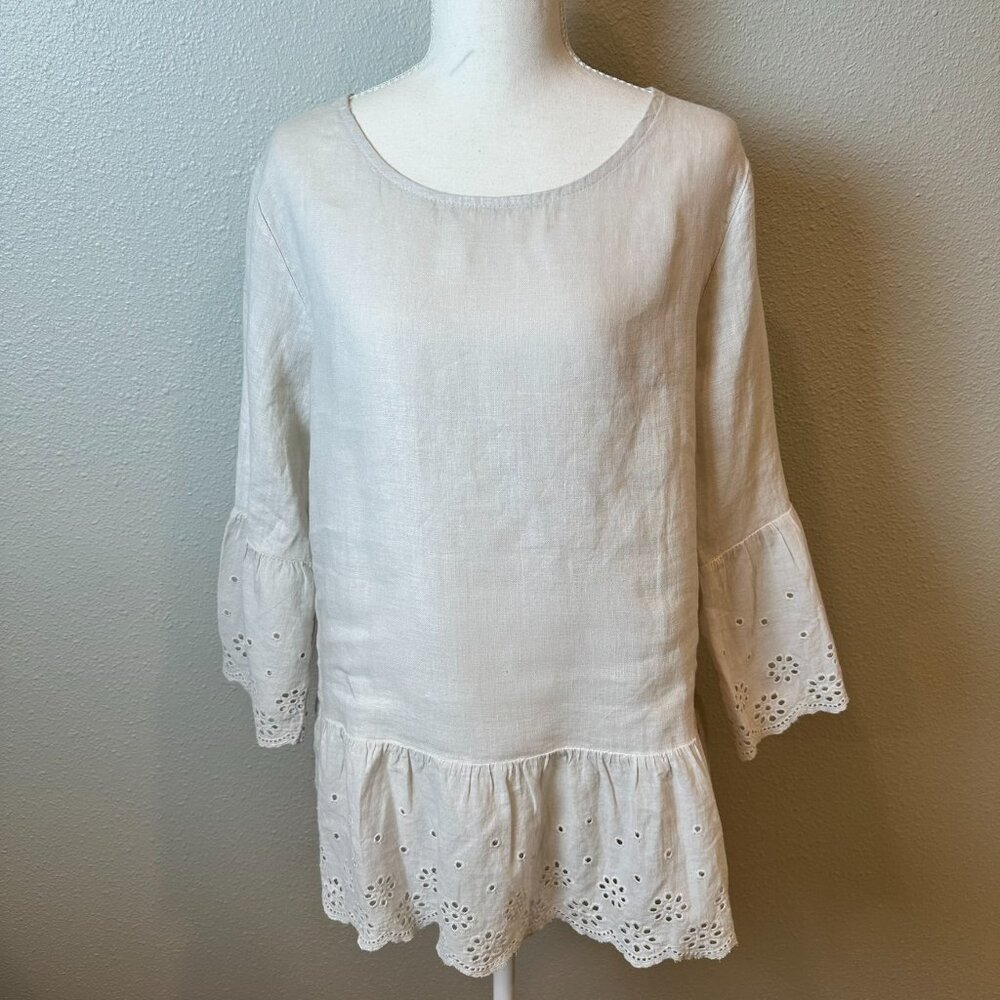 Terzo Millennio Italy Linen Tunic Top Medium Tan Eyelet Ruffle Lagenlook Boho